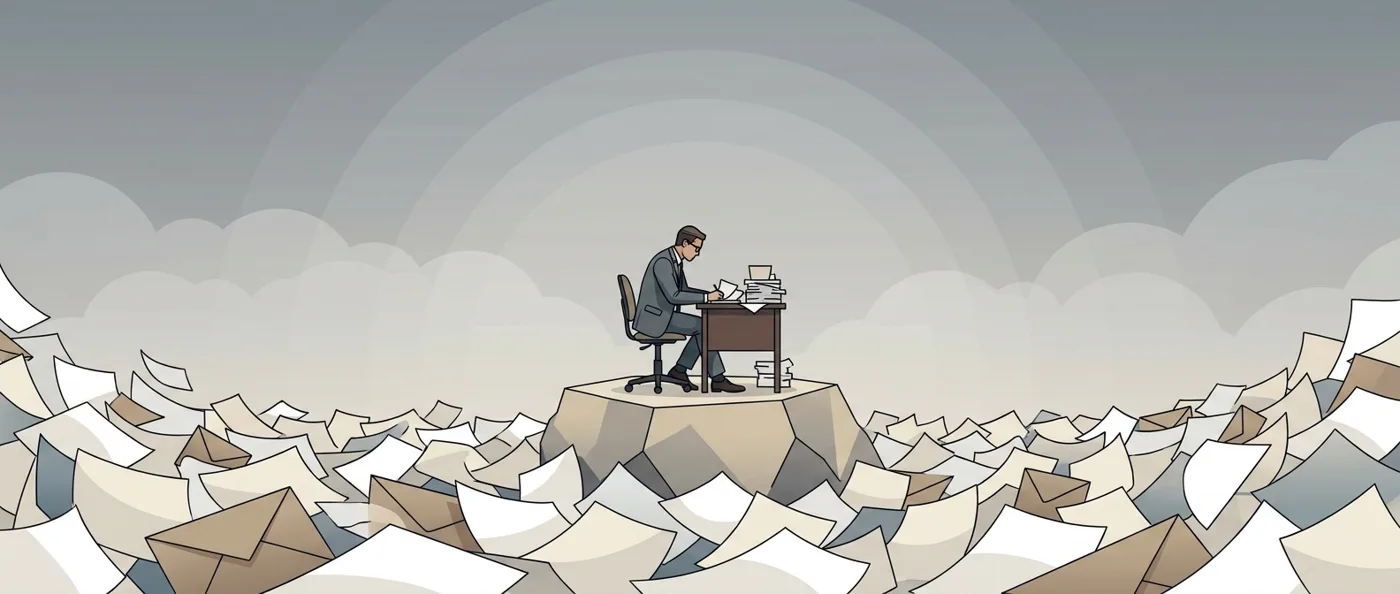 Alte Welt: ein kleiner Schreibtisch in einem Meer aus Papier